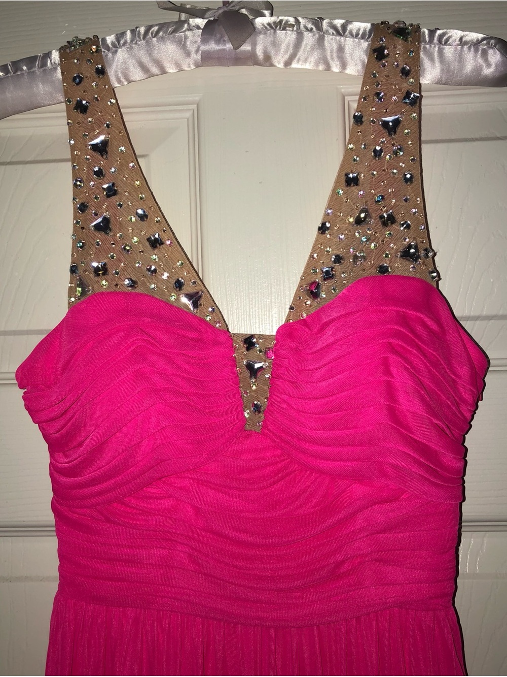 Barbiecore Pink Y2K Formal Gown Beaded Neon Chiffon Formal Prom Dress Size 1 - Picture 3 of 5